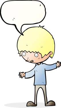 Bir insan tarafından çizilmiş konuşma baloncuğuyla kollarını açmış çizgi film çocuğu.