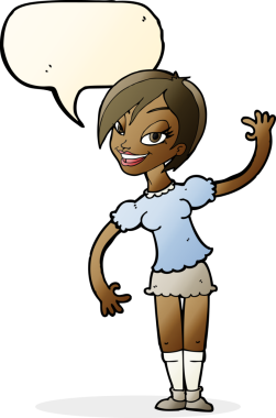 Bir insan tarafından çizilmiş konuşma balonuyla el sallayan çizgi film kızı.