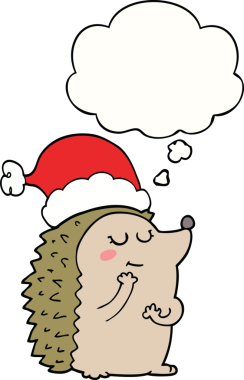 Bir insan tarafından çizilmiş düşünce balonlu Noel şapkası takan bir kirpi.