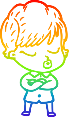 Gökkuşağı gradyan çizgi çizimi bir insan tarafından çizilmiş gözleri olan bir karikatür kadın