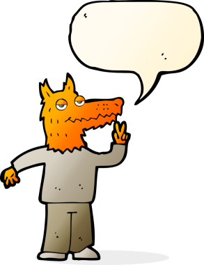 Bir insan tarafından çizilmiş konuşma balonlu mutlu tilki adam.