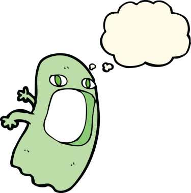 Bir insan tarafından çizilmiş düşünce baloncuklu komik çizgi film hayaleti.