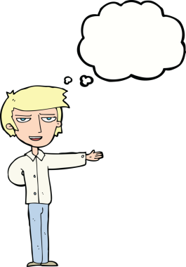 Bir insan tarafından çizilmiş düşünce baloncuğuyla el kol hareketi yapan bir karikatürist.