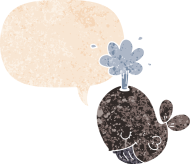 Bir insan tarafından çizilmiş grunge sıkıntılı retro stili balina konuşma balinası püskürten çizgi film