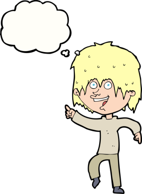 Bir insan tarafından çizilmiş düşünce balonu olan mutlu çocuk çizgi filmi.