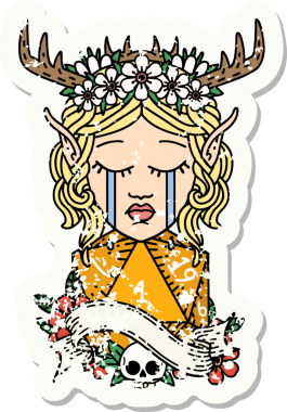 Ağlayan bir Elf Druid karakterinin yapışkan etiketi. İnsan tarafından çizilmiş doğal bir D20 zarlı.