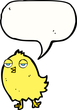 Bir insan tarafından çizilmiş konuşma baloncuklu komik çizgi film kuşu.