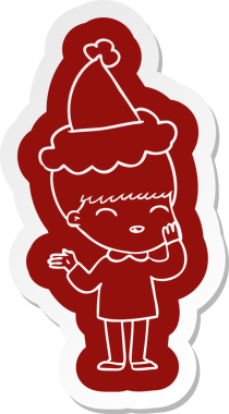 Bir insan tarafından çizilmiş Noel Baba şapkası giyen bir çocuğun komik çizgi film çıkartması.