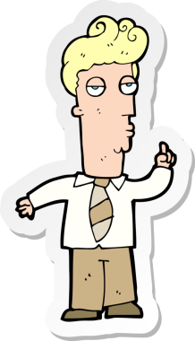 Karikatür çıkartması. Sıkılmış bir adam, bir insan tarafından çizilmiş sorular soruyor.