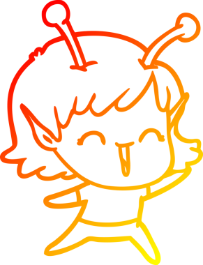 Bir insan tarafından çizilen gülen uzaylı bir kızın sıcak çizgi çizimi.