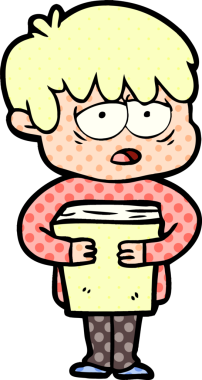 Bir insan tarafından çizilmiş bir kitabı tutan bitkin bir çocuk.