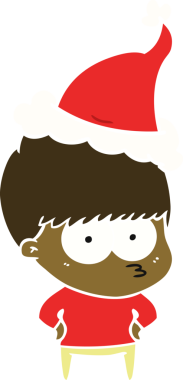 Bir insan tarafından çizilmiş Noel Baba şapkası takan bir çocuğun düz renk çizimi.