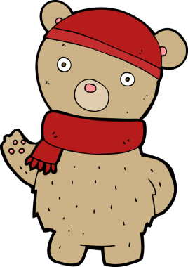 Bir insan tarafından çizilmiş, kış şapkalı ve atkılı oyuncak ayı.