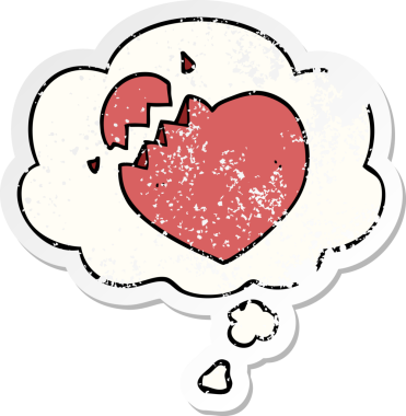 Düşünce baloncuğu olan kırık bir kalp, bir insan tarafından çizilmiş yıpranmış bir çıkartma gibidir.