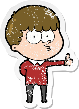 Bir çizgi film karakterinin sıkıntılı çıkartması. Meraklı bir çocuk, bir insan tarafından baş parmak işareti çiziyor.