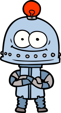 Bir insan tarafından çizilmiş ampullü mutlu karton robot.