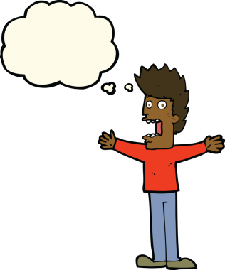 Bir insan tarafından çizilmiş düşünce baloncuğuyla dehşete düşmüş bir adam.