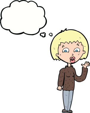 Bir insan tarafından çizilmiş düşünce baloncuğuyla el sallayan çizgi film kadını.