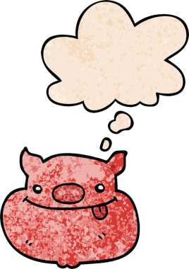 insan tarafindan çizilmiş grunge desenli düşünce baloncuklu mutlu domuz suratı.