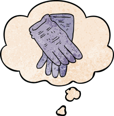 Bir insan tarafından çizilmiş grunge desenli düşünce baloncuklu bahçe eldivenleri.