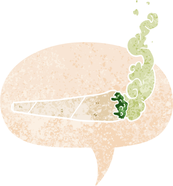 grunge 'da konuşma baloncuğu olan karikatür marihuana eklemi bir insan tarafından çizilmiş sıkıntılı retro tarzı