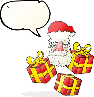 El yazısıyla çizilmiş konuşma balonu çizgi filmi yorgun Noel Baba yüzü ve bir insan tarafından çizilmiş hediyeler.