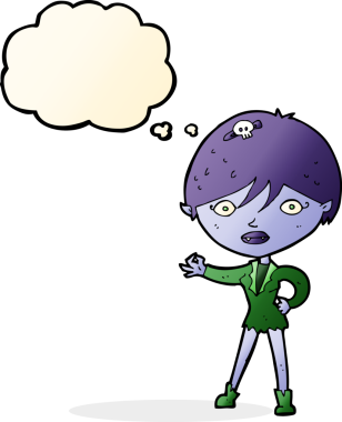 Bir insan tarafından çizilmiş düşünce balonlu vampir kız.