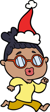 Bir insanın çizdiği Noel Baba şapkası takan gözlüklü bir kadının el çizimi.