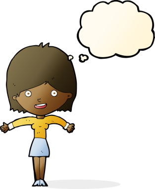 Bir insan tarafından çizilmiş düşünce baloncuğu olan heyecanlı bir kadın.