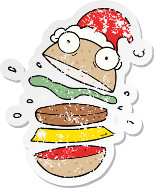 Bir insan tarafından çizilmiş Noel Baba şapkası giymiş harika bir hamburgerin el yazısı.