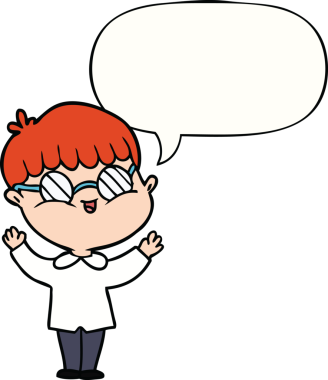 Bir insan tarafından çizilmiş konuşma balonlu gözlük takan çizgi film çocuğu.