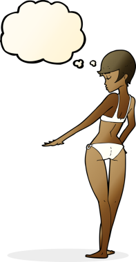 Bir insan tarafından çizilmiş düşünce balonlu bikinili karikatür kadın.