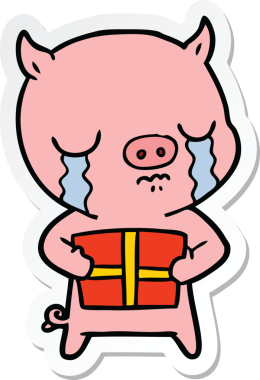 Bir insan tarafından çizilmiş Noel hediyesi için ağlayan bir domuzun çıkartması.