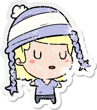 Bir insan tarafından çizilmiş şapka giyen bir karikatür kadının sıkıntılı çıkartması.