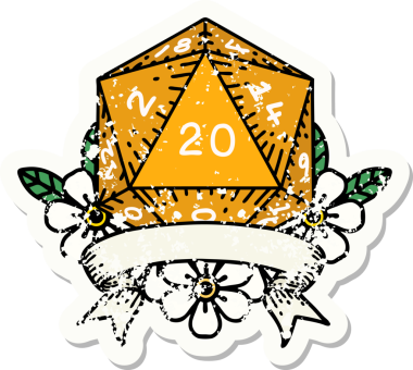 Bir insan tarafından çekilen 20 kritik vuruşluk D20 zar atımının grunge çıkartması.