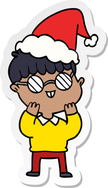 Bir insan tarafından çizilmiş Noel Baba şapkası takan gözlüklü bir çocuğun el yazısı.