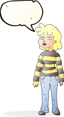 Bir insan tarafından çizilmiş günlük giysiler içindeki serbest konuşma balonu karikatürü kadın.