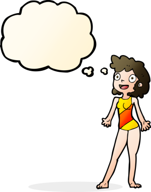 Yüzme kostümlü karikatür kadın. Düşünce baloncuğu insan tarafından çizilmiş.