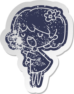 Bir insan tarafından çizilmiş sevimli bir kawai kızının sıkıntılı eski çizgi film çıkartması.