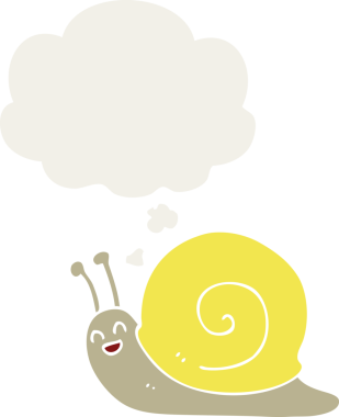 insan tarafından çizilmiş, düşünce baloncuklu çizgi film salyangozu.