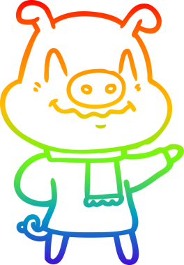 Bir insan tarafından çizilmiş eşarp takan sinirli bir domuzun çizimi.