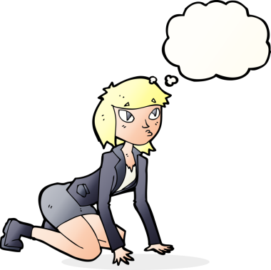 Bir insan tarafından çizilmiş düşünce baloncuğuyla elleri ve dizleri üzerinde çizgi film kadını.