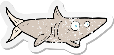 Bir insan tarafından çizilmiş mutlu köpekbalığı çizgi filminin gerilimli etiketi.