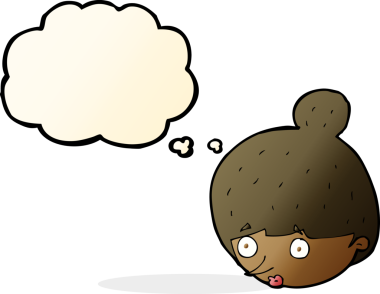 Bir insan tarafından çizilen düşünce baloncuğuyla kadının yüzünü şaşırtan çizgi film.