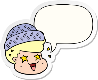 Bir insan tarafından çizilmiş konuşma balonu çıkartmalı şapka takan çizgi film çocuğu.