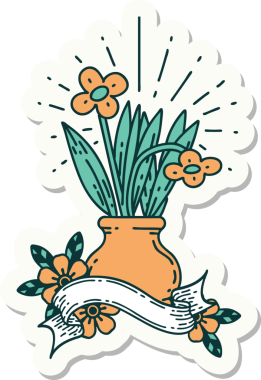 Bir insan tarafından çizilmiş vazoya dövme stili çiçek yapıştırması.