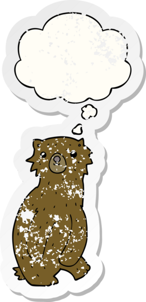 Düşünce baloncuğu olan çizgi film ayısı bir insan tarafından çizilmiş yıpranmış bir çıkartma.