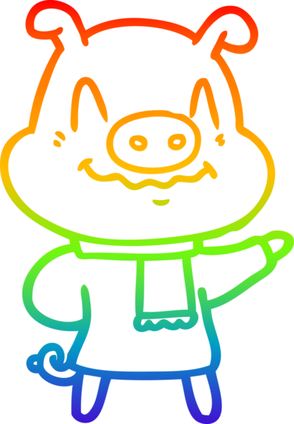 Bir insan tarafından çizilmiş eşarp takan sinirli bir domuzun çizimi.