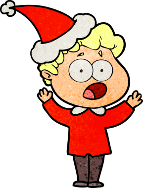 Bir insan tarafından çizilmiş Noel Baba şapkasıyla nefes nefese kalmış bir adamın el yapımı karikatürü.