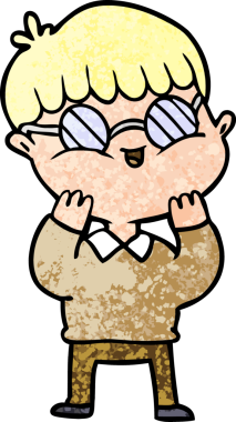 Bir insan tarafından çizilmiş gözlük takan çizgi film çocuğu.